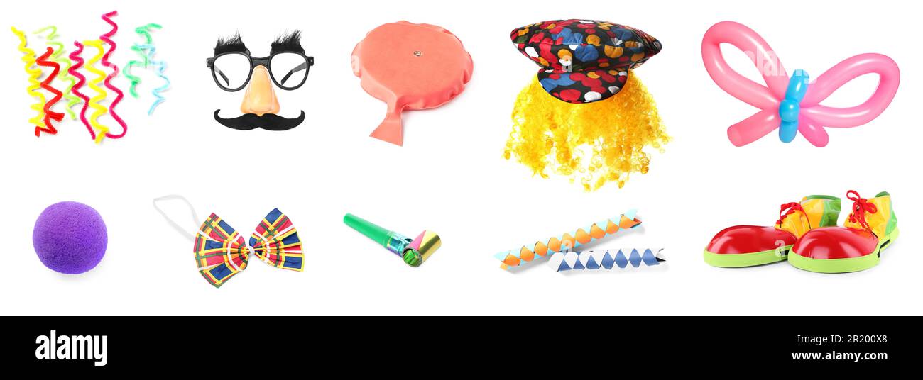 Set with different clown's accessories on white background. Banner design Stock Photo