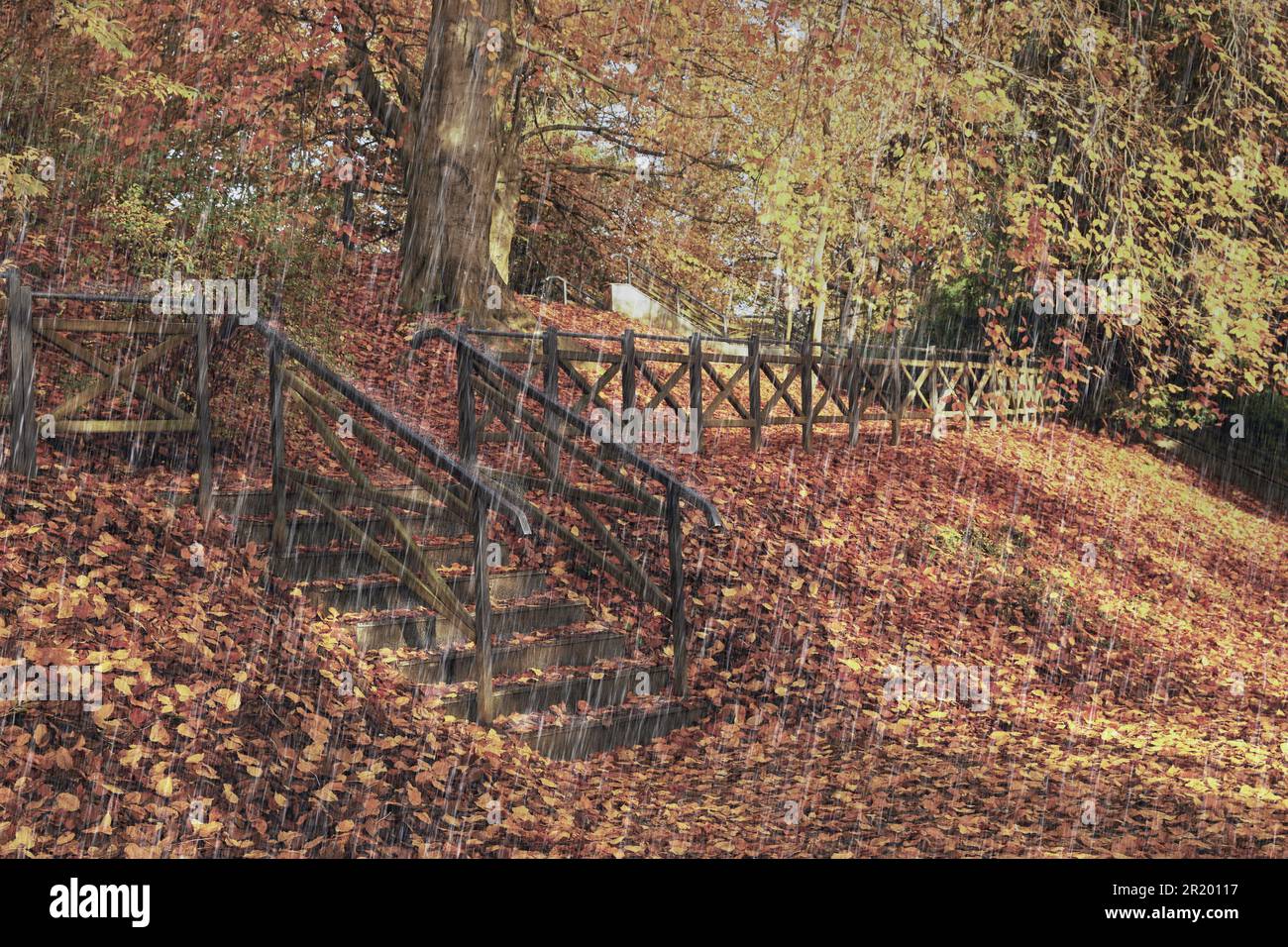 Stone stairs and fallen autumn leaves in park on rainy day Stock Photo