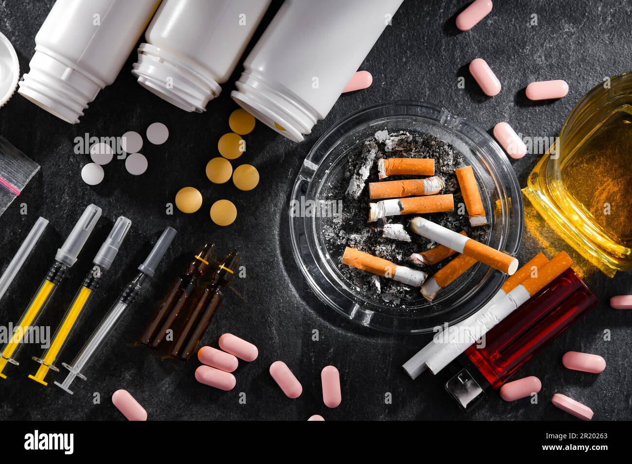 Addictive substances, including alcohol, cigarettes and drugs Stock