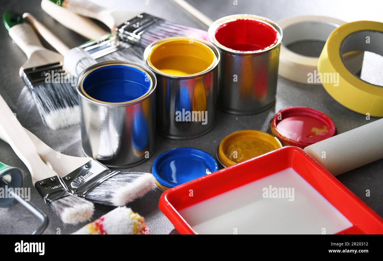 Cans different paint brush hi-res stock photography and images - Alamy