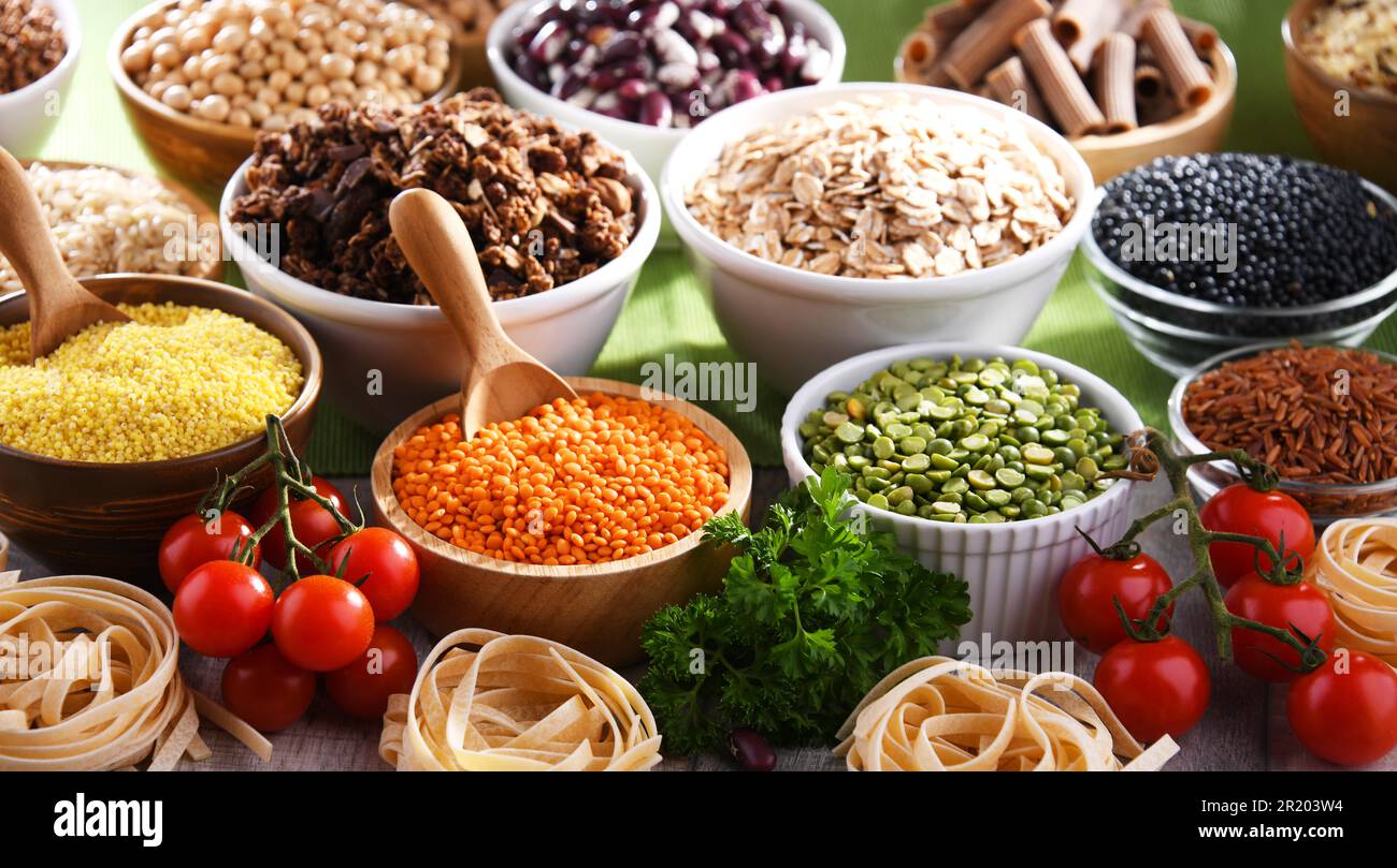 Composition with different kinds of dry food products Stock Photo Alamy