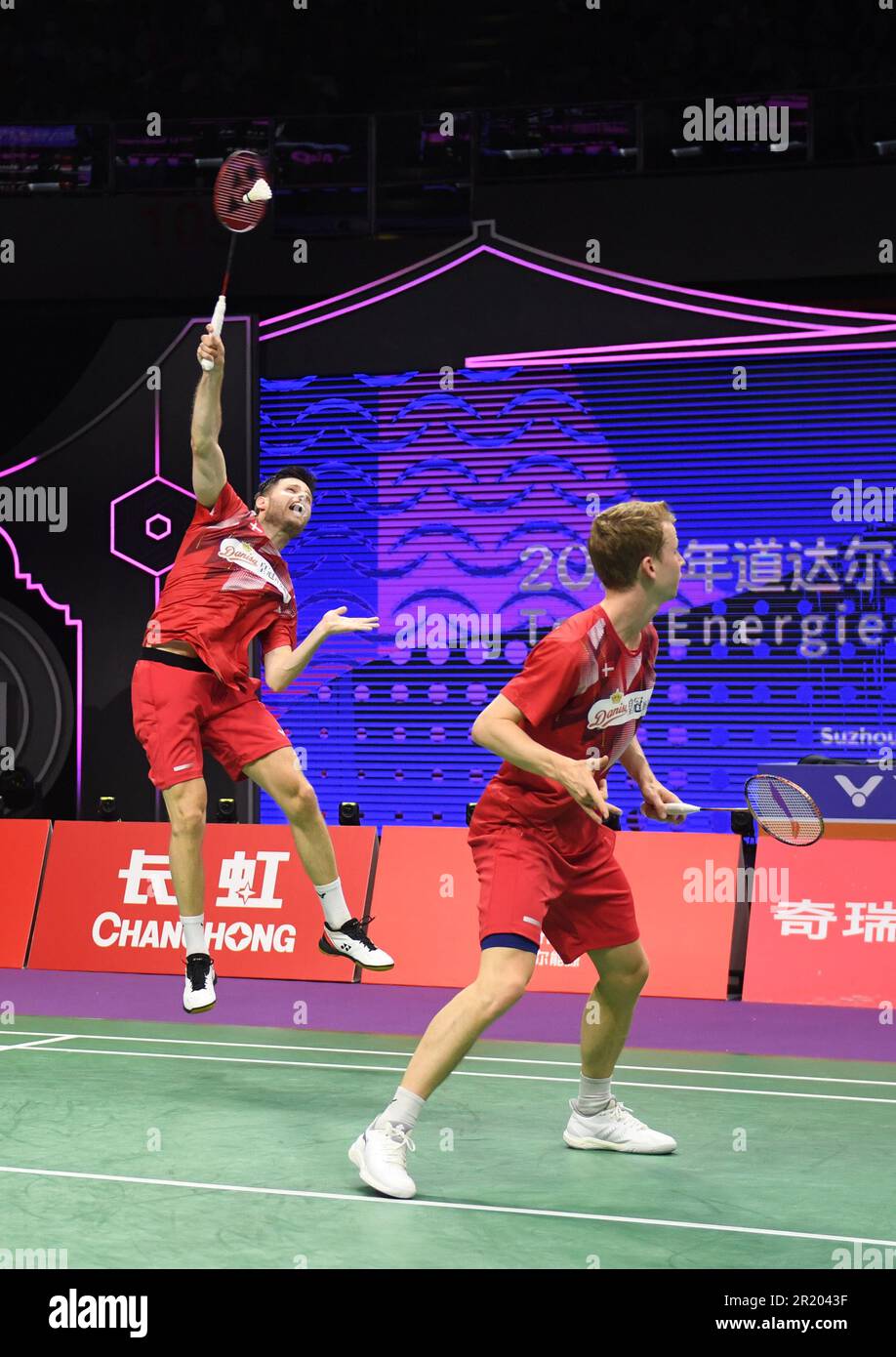 Suzhou, China's Jiangsu Province. 16th May, 2023. Kim Astrup/Lasse Molhede (L) of Denmark compete against Kareem Ezzat/Mahmoud Montaser of Egypt during the men's doubles of group A match between Egypt and Denmark at BWF Sudirman Cup in Suzhou, east China's Jiangsu Province, May 16, 2023. Credit: Hou Zhaokang/Xinhua/Alamy Live News Stock Photo