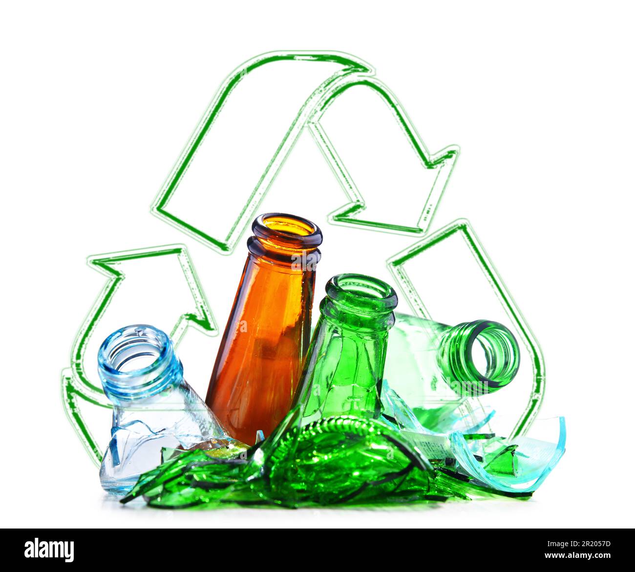 Broken glass bottles and the recycling sign over white background Stock