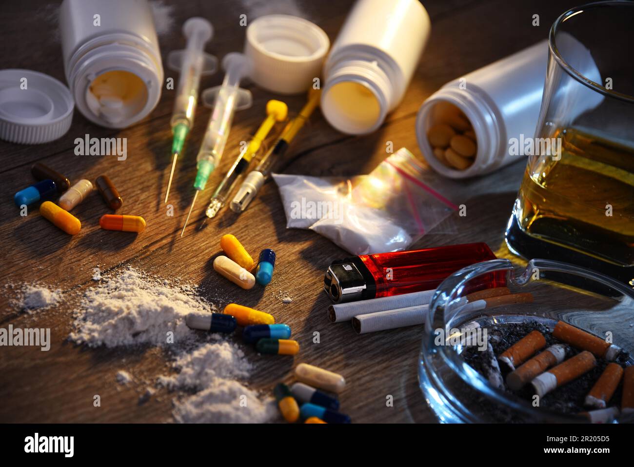 Addictive substances, including alcohol, cigarettes and drugs Stock