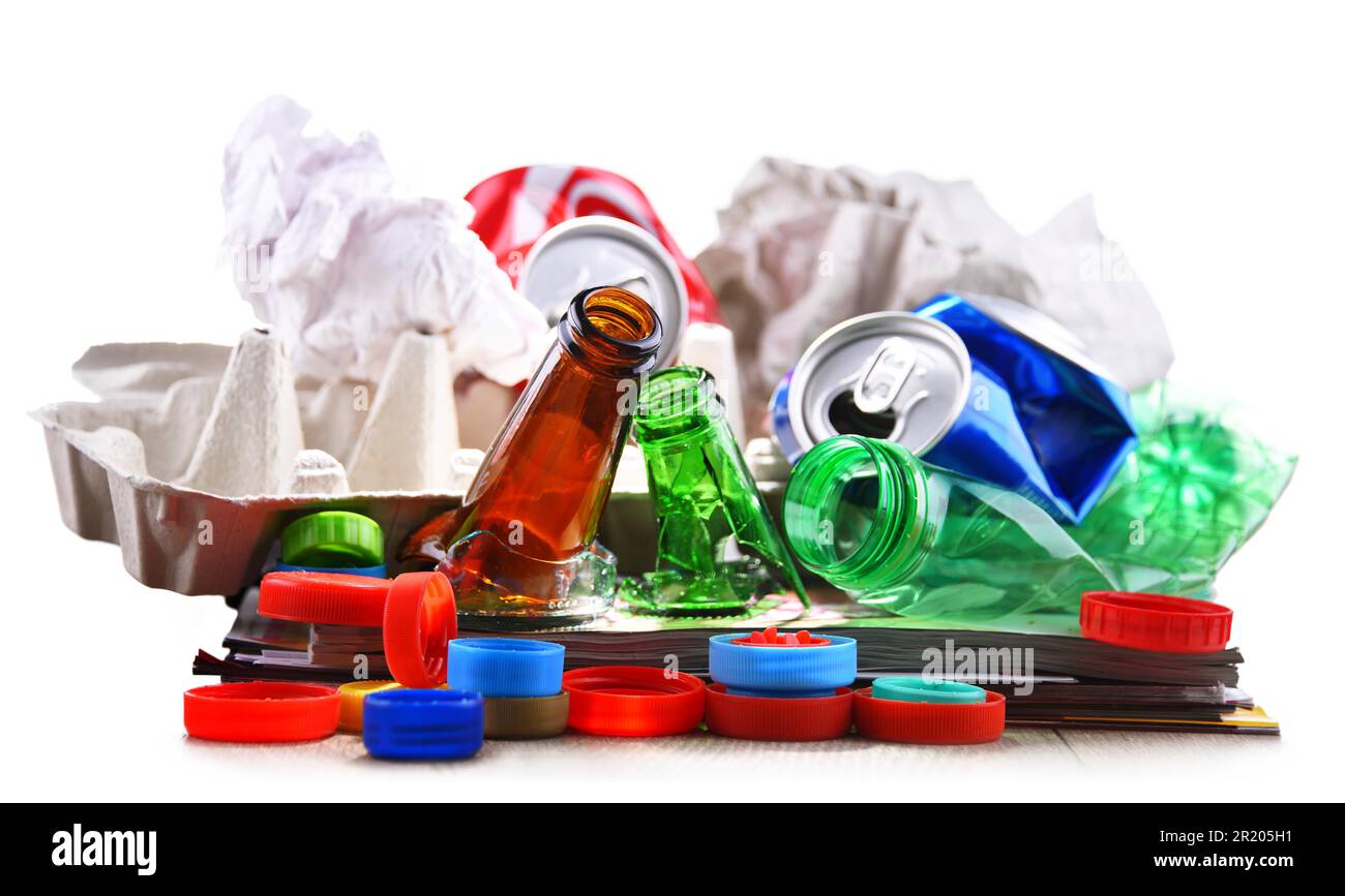 Recyclable garbage consisting of glass, plastic, metal and paper isolated on white Stock Photo ...
