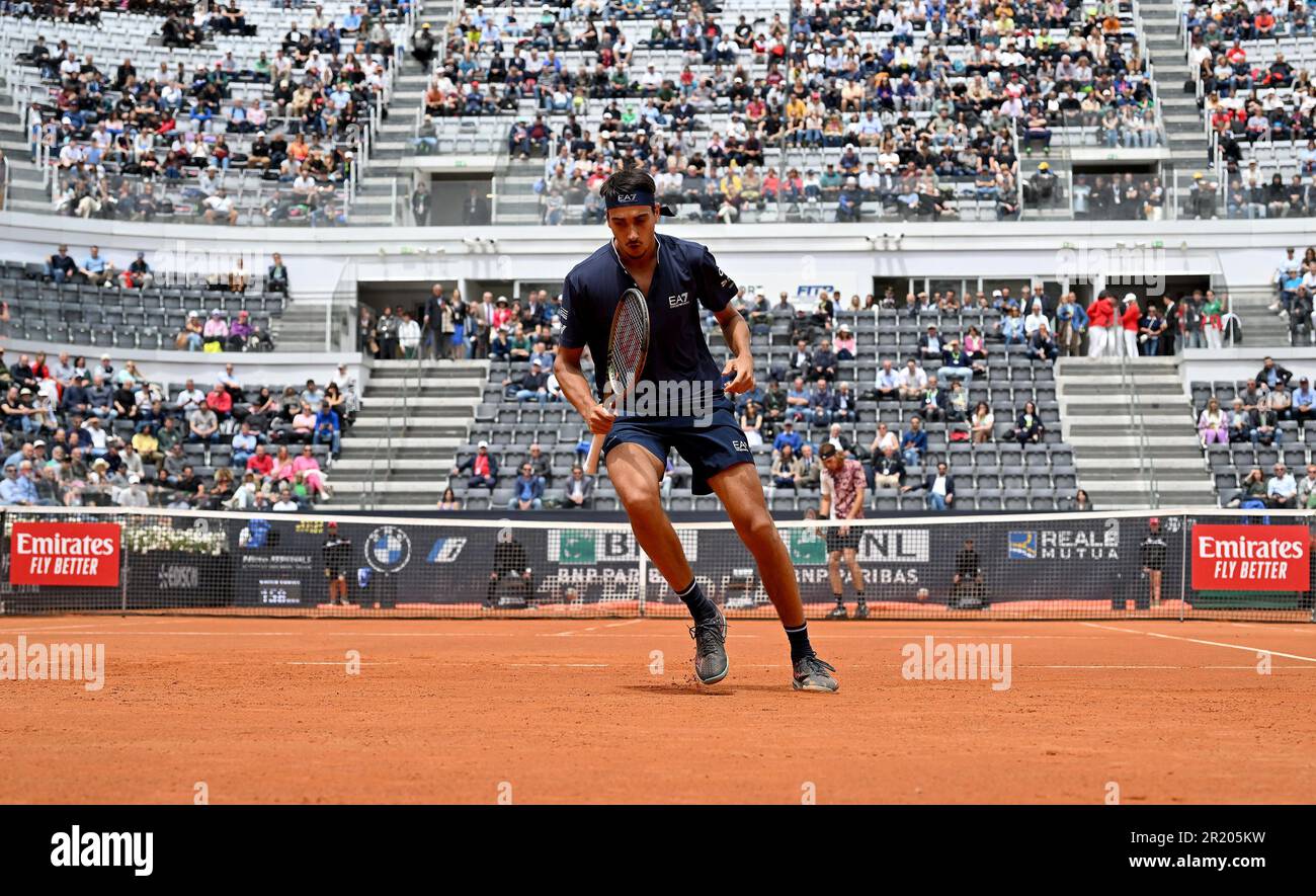 May 16, 2023, ROME: Lorenzo Sonego of Italy celebrates a point during his  men's singles third round match against Stefanos Tsitsipas of Greece (not  pictured) at the Italian Open tennis tournament in