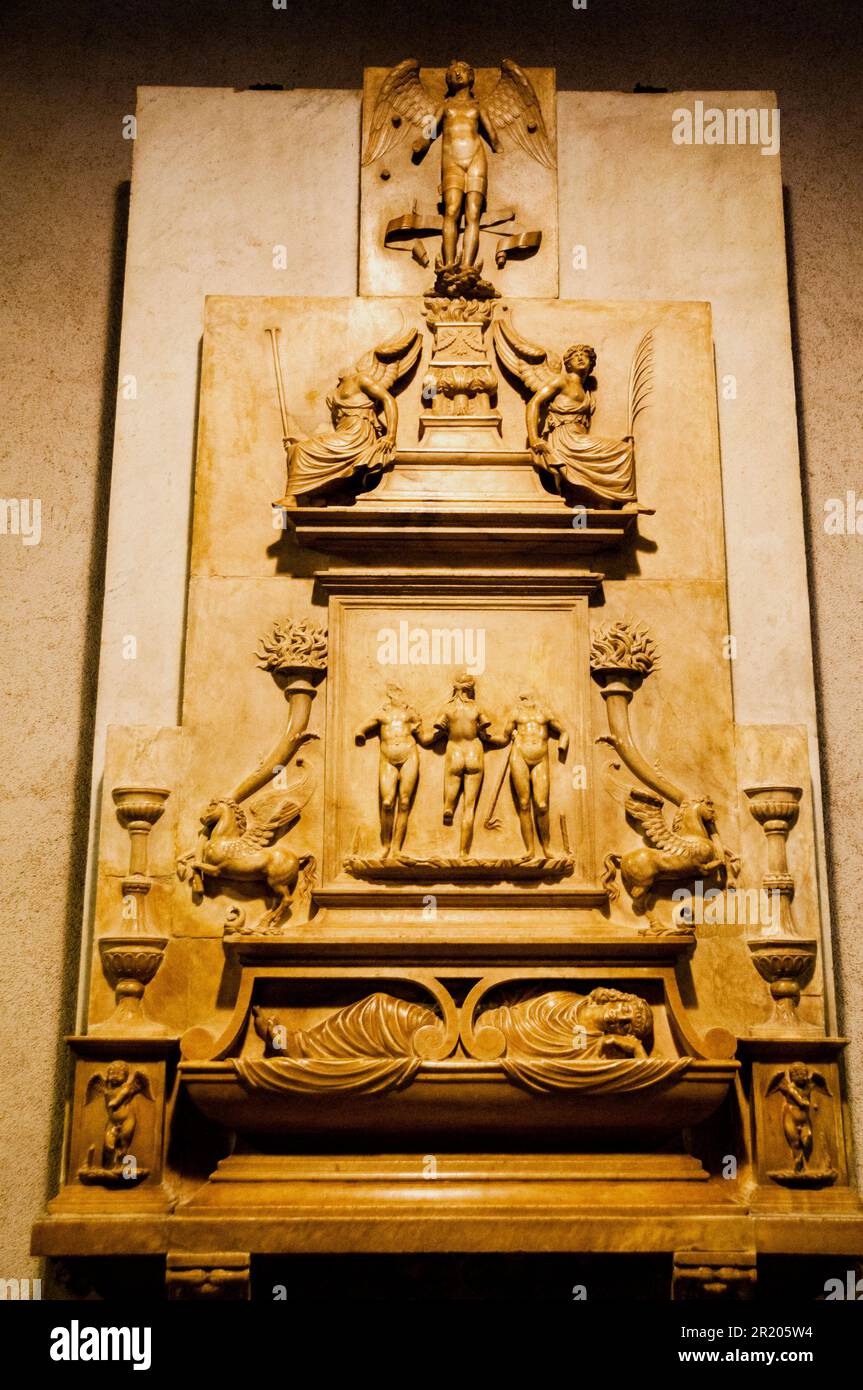 Funerary monument to the poet Lancino Curzio, Museuo d arte antica in the Sforza Castle in Milan, Italy. Stock Photo