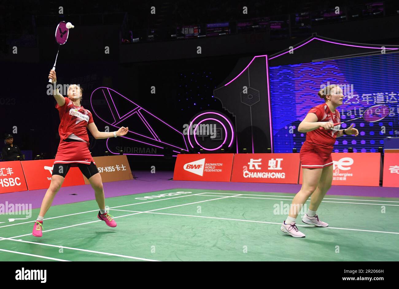 Suzhou, China's Jiangsu Province. 16th May, 2023. Maiken Fruergaard/Sara Thygesen (L) of Denmark compete against Rahma Mahmoud Saad Eladawy/Hana Tarek Zaher of Egypt during the women's doubles of group A match between Egypt and Denmark at BWF Sudirman Cup in Suzhou, east China's Jiangsu Province, May 16, 2023. Credit: Hou Zhaokang/Xinhua/Alamy Live News Stock Photo