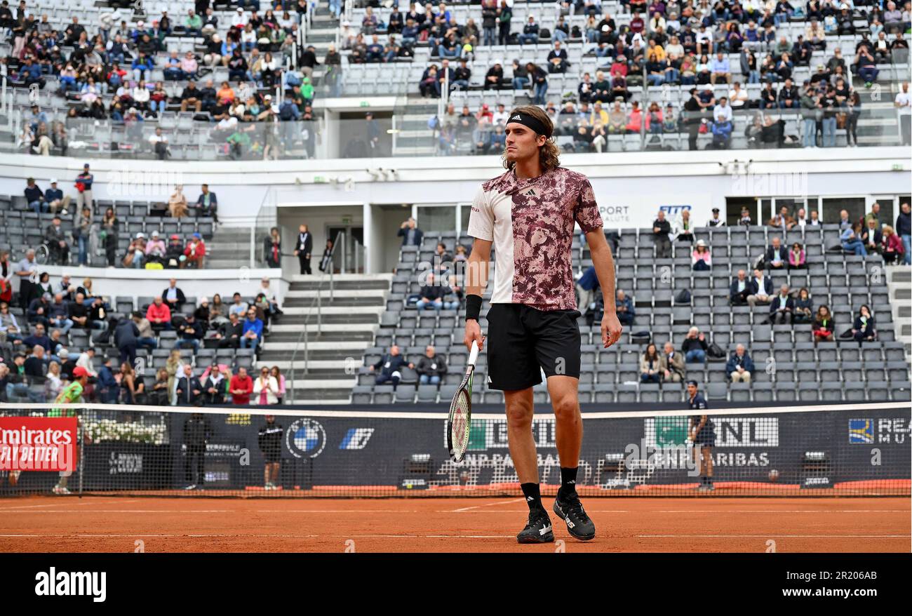 May 16, 2023, ROME: Lorenzo Sonego of Italy celebrates a point during his  men's singles third round match against Stefanos Tsitsipas of Greece (not  pictured) at the Italian Open tennis tournament in