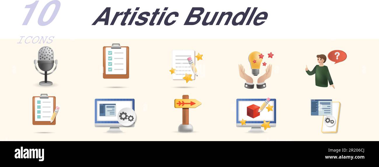 Artistic bundle set. Creative icons: studio, brief, creative process, inspiration, thinking, test, web development, vector, logo design, mobile app. Stock Vector