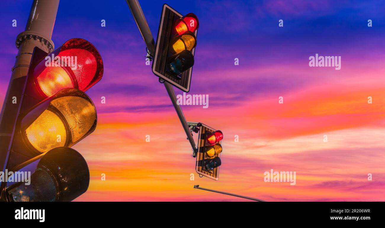 Traffic lights over urban intersection Stock Photo Alamy