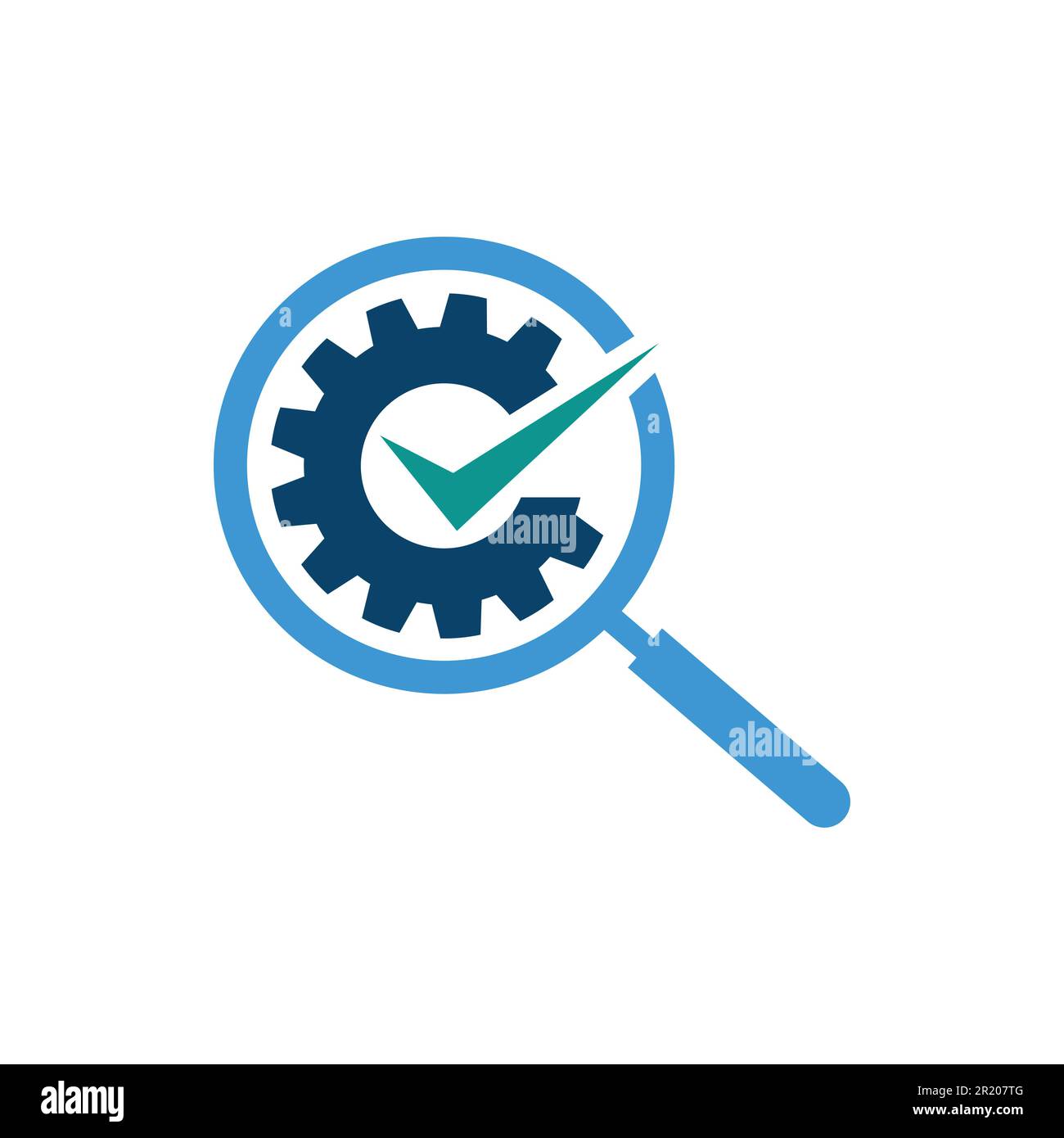 Check and magnifying glass gear shape logo design. icon of search glass search engine symbol with check mark for verified Stock Vector