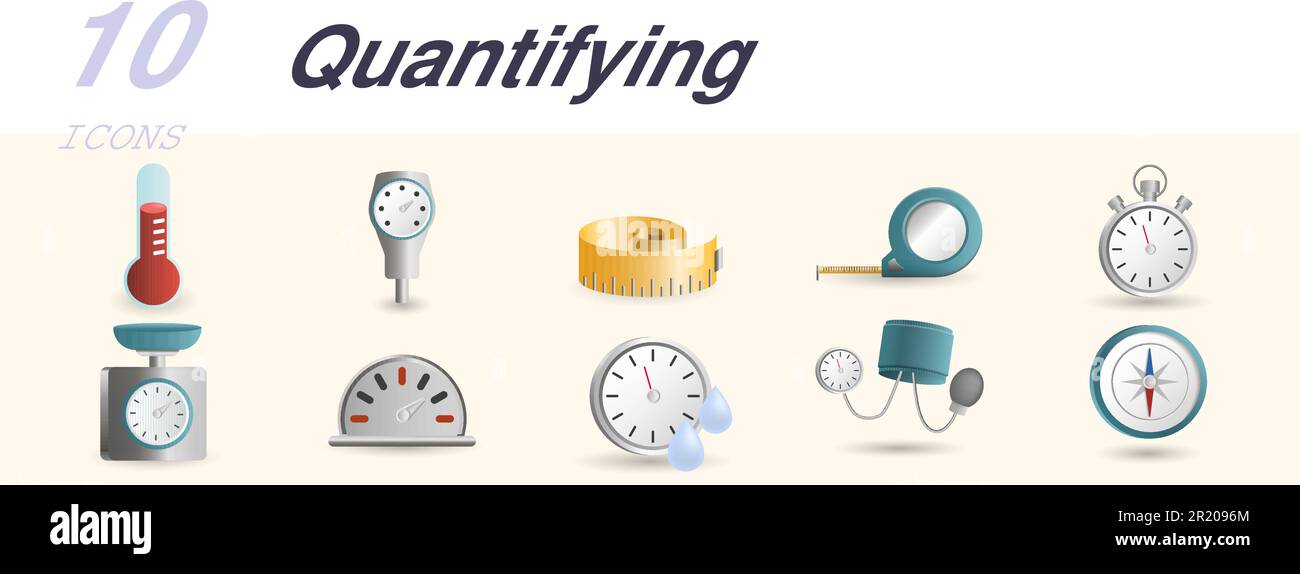 Quantifying set. Creative icons: thermometer, depth gauge, ruler ...