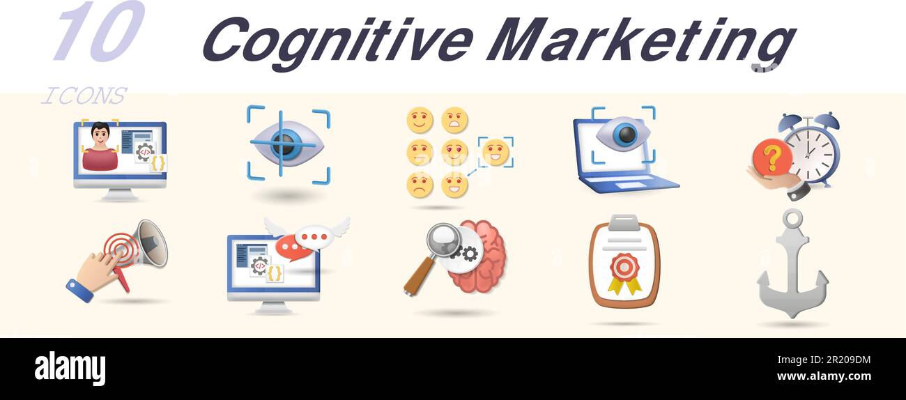 Cognitive marketing set. Creative icons: facial coding, eye-tracking, emotion understanding, pupillometry, scarcity, sensory marketing, nlp, cognitive Stock Vector