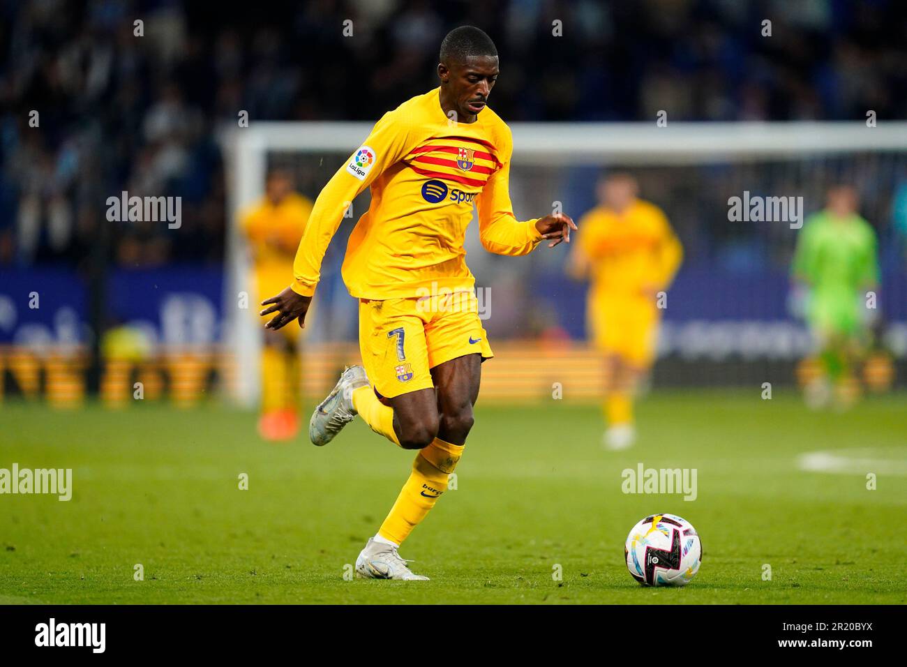 Ousmane Dembele of FC Barcelona  during the La Liga match between RCD Espanyol and FC Barcelona played at RCDE Stadium on May 14 in Barcelona, Spain. (Photo by Sergio Ruiz / PRESSIN) Stock Photo