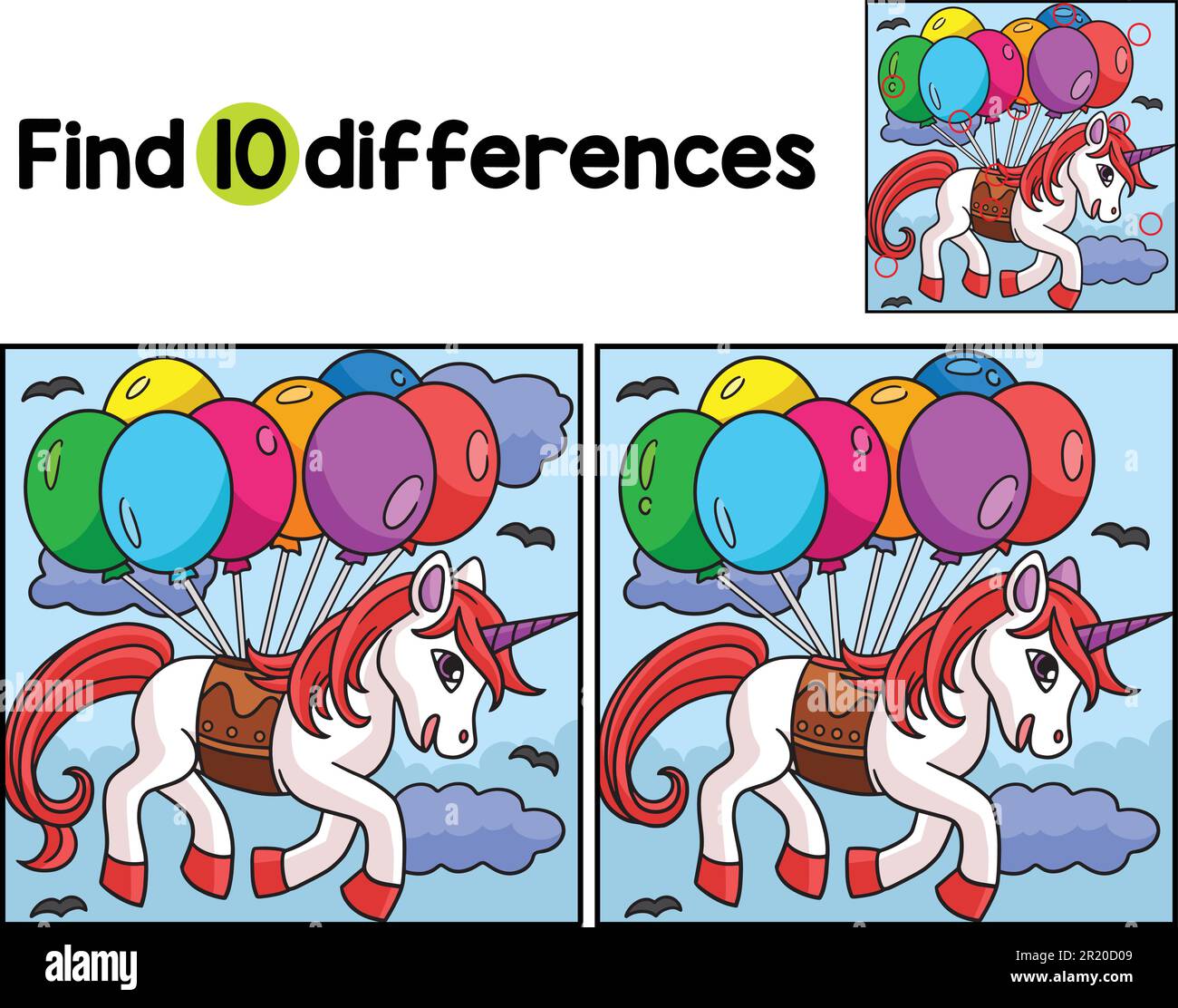 Unicorn Floating on Balloons Find The Differences Stock Vector Image ...