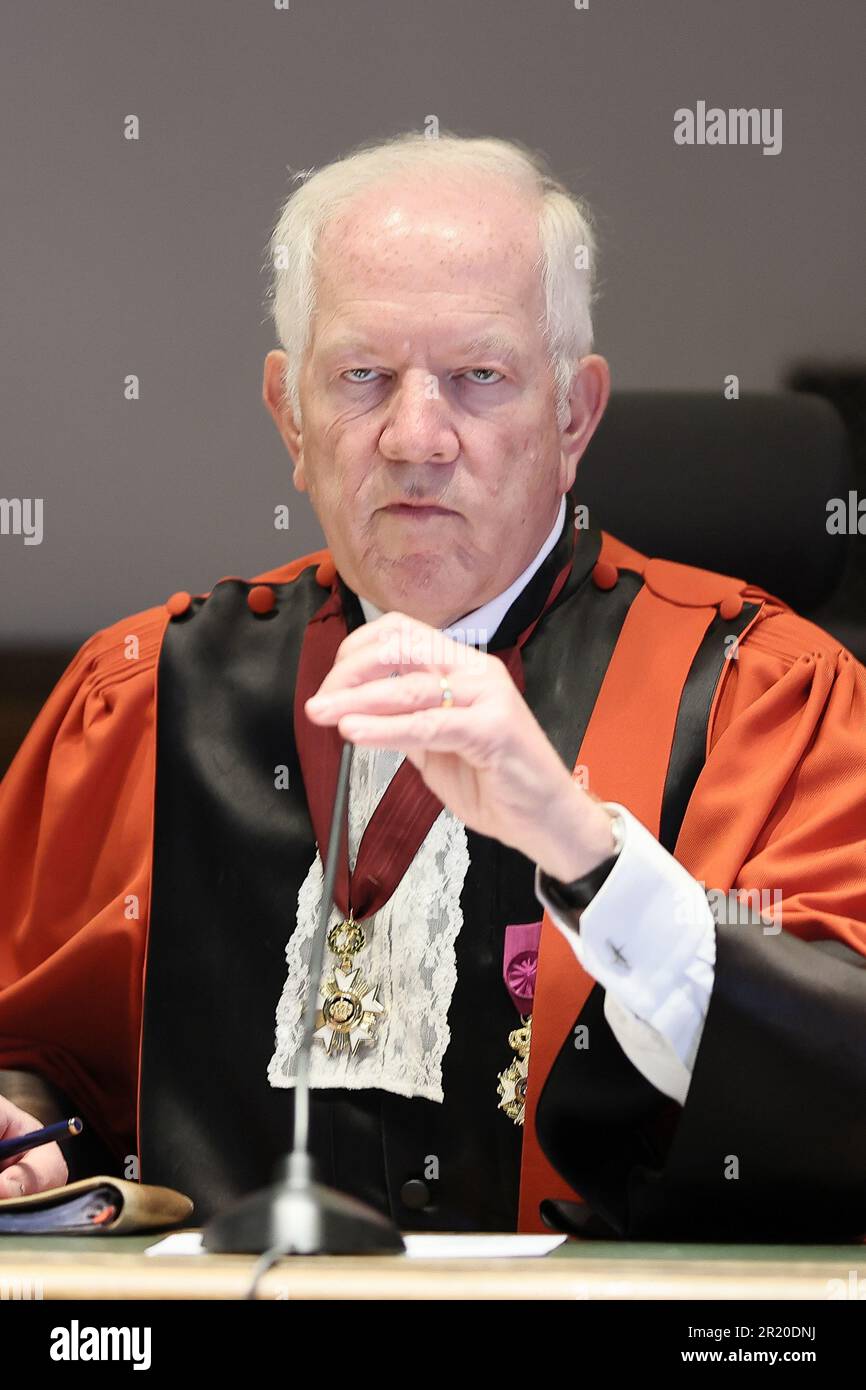 Namur, Belgium. 16th May, 2023. Chairman of the court Philippe Gorle pictured during the jury composition of the assizes trial of M. Wattier, before the Assize Court of the Namur province in Namur, Tuesday 16 May 2023. Wattier is accused of the murder of his grand-father in Bruly-de-Pesche, Couvin, on the 9th May 2020. BELGA PHOTO BRUNO FAHY Credit: Belga News Agency/Alamy Live News Stock Photo