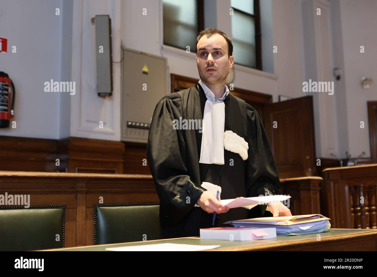 Namur, Belgium. 16th May, 2023. Lawyer Quentin Mayence pictured during the jury composition of the assizes trial of M. Wattier, before the Assize Court of the Namur province in Namur, Tuesday 16 May 2023. Wattier is accused of the murder of his grand-father in Bruly-de-Pesche, Couvin, on the 9th May 2020. BELGA PHOTO BRUNO FAHY Credit: Belga News Agency/Alamy Live News Stock Photo