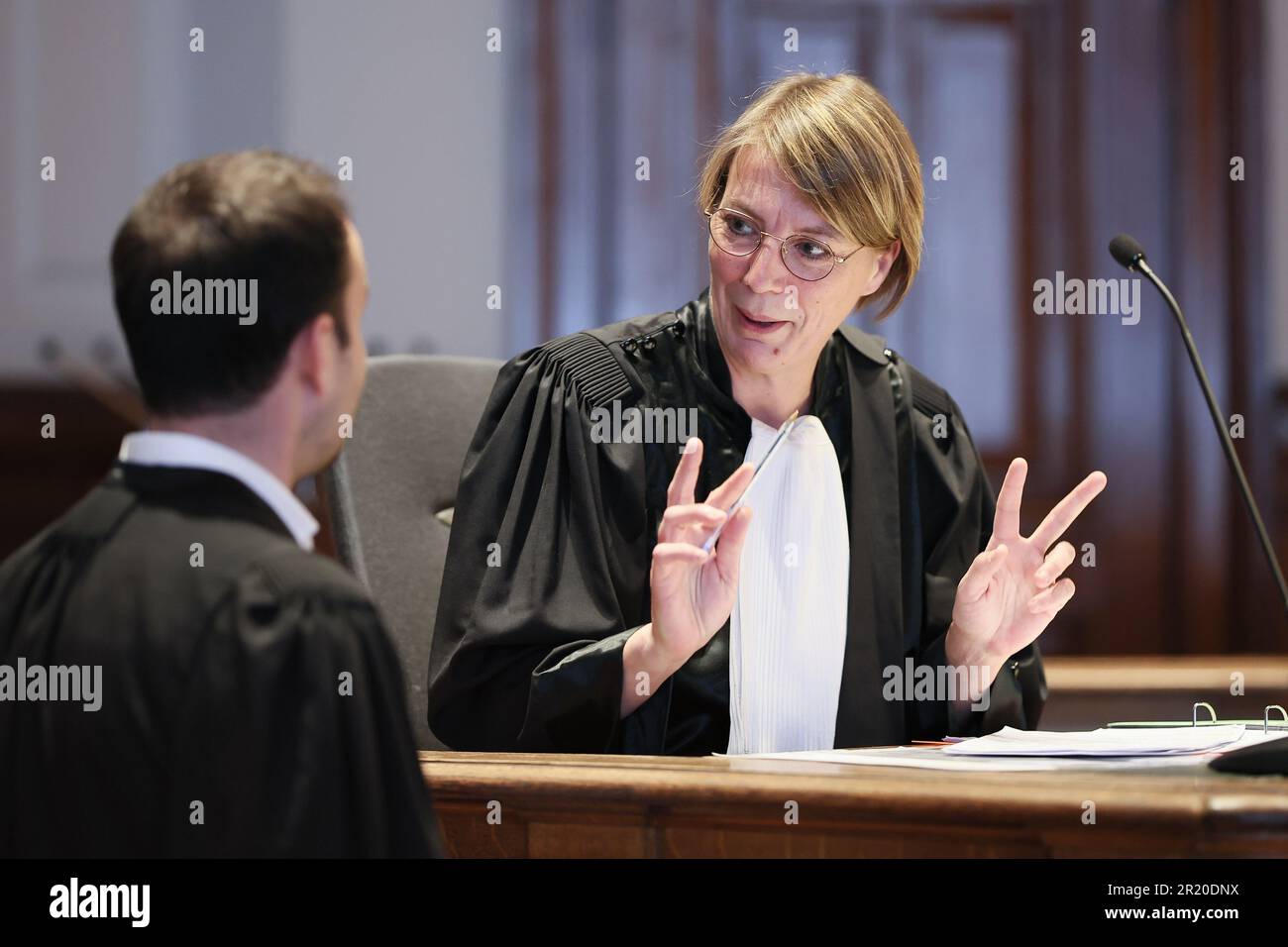 Namur, Belgium. 16th May, 2023. Attorney General Virginie Kerkhofs pictured during the jury composition of the assizes trial of M. Wattier, before the Assize Court of the Namur province in Namur, Tuesday 16 May 2023. Wattier is accused of the murder of his grand-father in Bruly-de-Pesche, Couvin, on the 9th May 2020. BELGA PHOTO BRUNO FAHY Credit: Belga News Agency/Alamy Live News Stock Photo