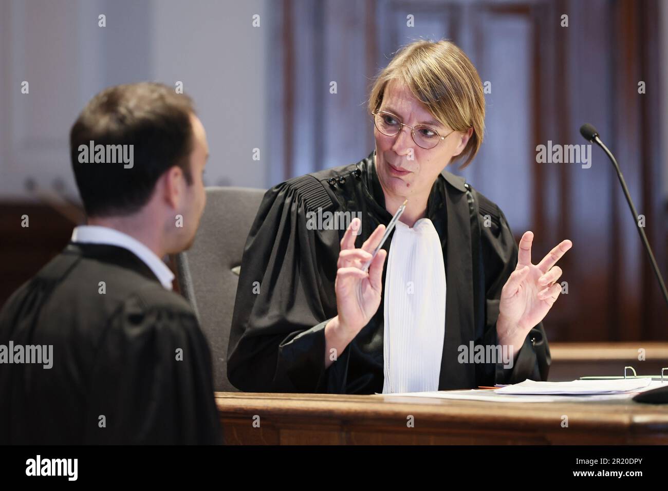 Namur, Belgium. 16th May, 2023. Attorney General Virginie Kerkhofs pictured during the jury composition of the assizes trial of M. Wattier, before the Assize Court of the Namur province in Namur, Tuesday 16 May 2023. Wattier is accused of the murder of his grand-father in Bruly-de-Pesche, Couvin, on the 9th May 2020. BELGA PHOTO BRUNO FAHY Credit: Belga News Agency/Alamy Live News Stock Photo