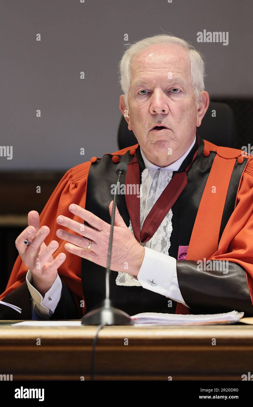 Namur, Belgium. 16th May, 2023. Chairman of the court Philippe Gorle pictured during the jury composition of the assizes trial of M. Wattier, before the Assize Court of the Namur province in Namur, Tuesday 16 May 2023. Wattier is accused of the murder of his grand-father in Bruly-de-Pesche, Couvin, on the 9th May 2020. BELGA PHOTO BRUNO FAHY Credit: Belga News Agency/Alamy Live News Stock Photo