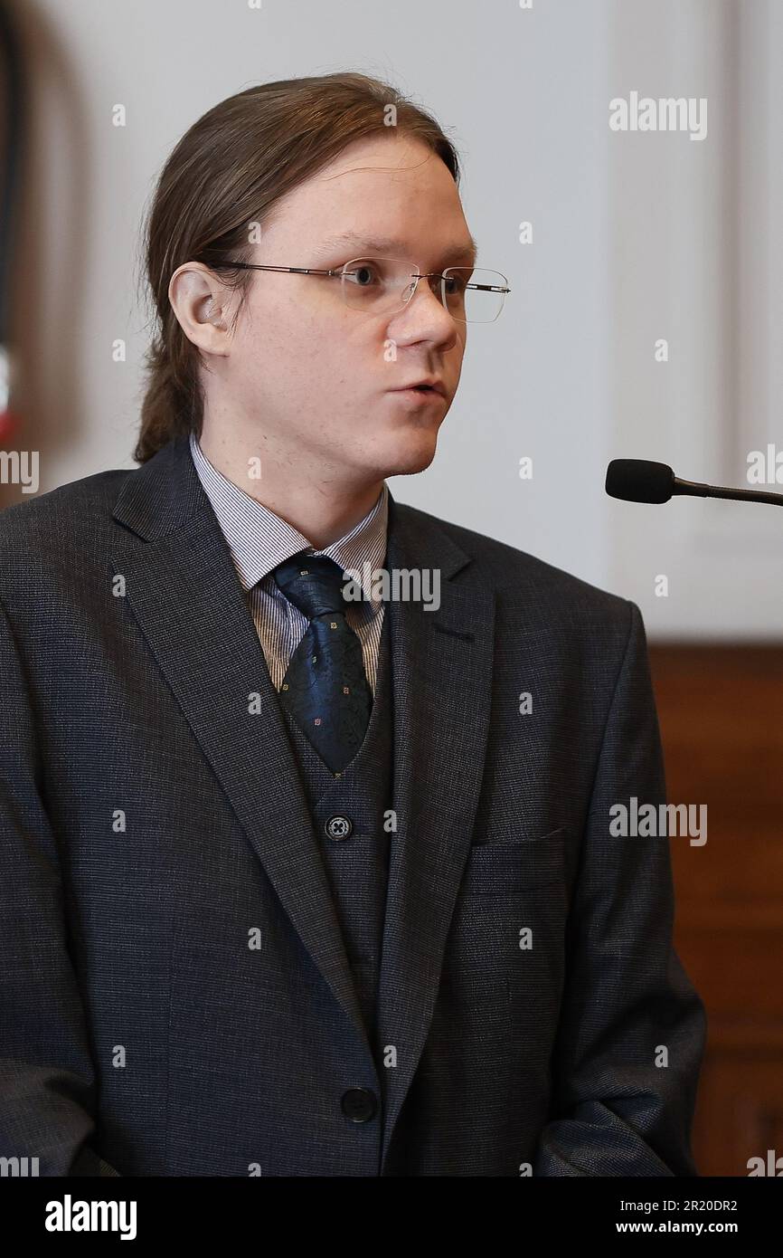 Namur, Belgium. 16th May, 2023. The accused Mathieu Wattier pictured during the jury composition of the assizes trial of M. Wattier, before the Assize Court of the Namur province in Namur, Tuesday 16 May 2023. Wattier is accused of the murder of his grand-father in Bruly-de-Pesche, Couvin, on the 9th May 2020. BELGA PHOTO BRUNO FAHY Credit: Belga News Agency/Alamy Live News Stock Photo