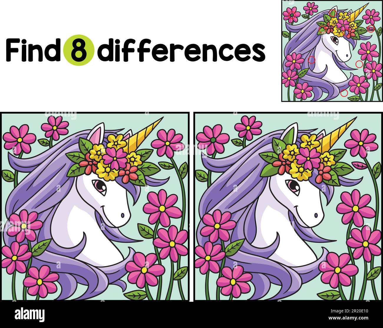 Unicorn with a Flower Wreath Find The Differences Stock Vector Image ...