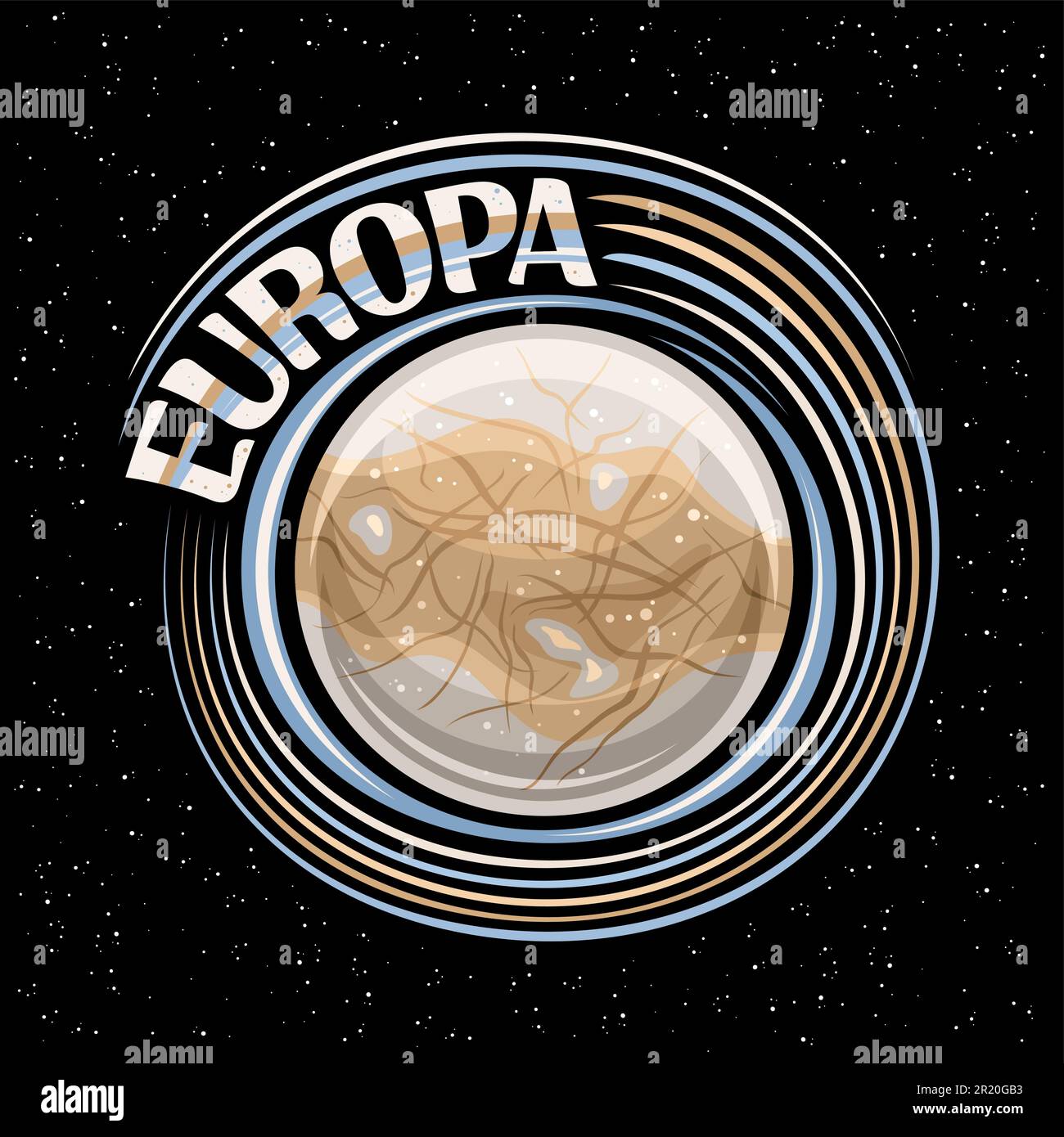 Vector logo for Europa Moon, round fantasy print with rotating satellite europa, stone surface with silicate rock and cracks, cosmo tag with unique le Stock Vector