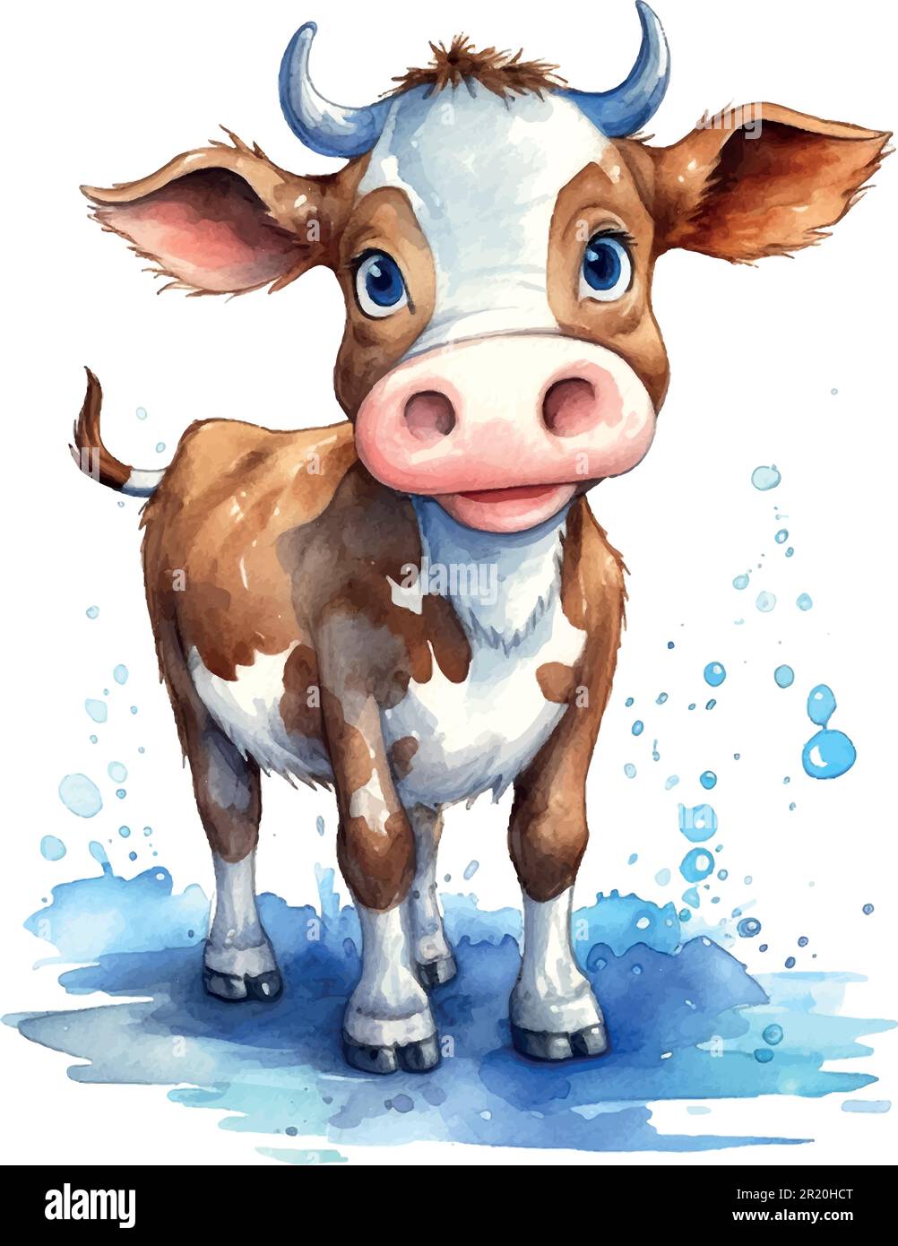 Cow watercolor tender warm colors, appeasement, pasture, white, brown, full height, nature, farm, agriculture, village, farmer, care, milk. Animals co Stock Vector