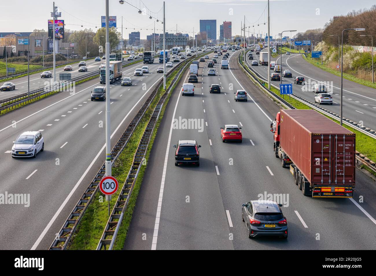 Utrecht, The Netherlands - April 4, 2023: View at Dutch freeway A12 in Western direction near cloverleaf Lunetten Stock Photo