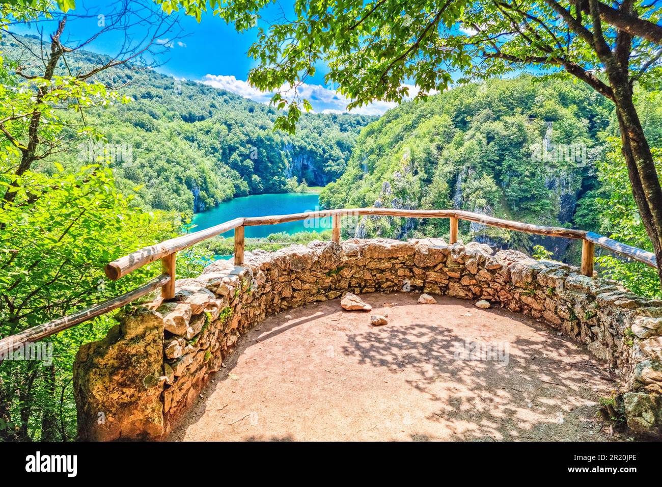 Paradise waterfalls of Plitvice lakes national park panoramic viewpoint, Croatia Stock Photo