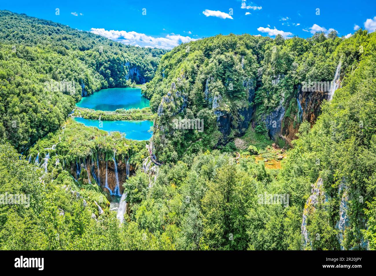 Paradise waterfalls of Plitvice lakes national park panoramic view, nature of Croatia Stock Photo