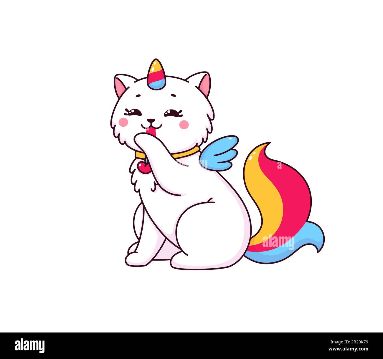Cartoon cute caticorn character with rainbow unicorn horn and tail licking its paw. Vector magic cat or fluffy white kitten personage cleaning itself with tongue. Kawaii caticorn pet animal emoticon Stock Vector