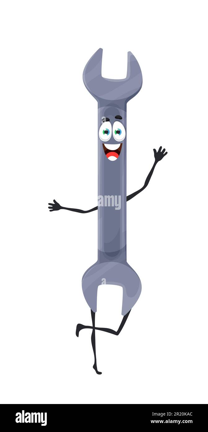Cartoon wrench spanner tool character, construction works and carpentry