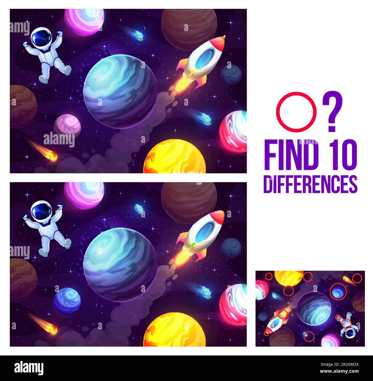 Find ten differences. Cartoon astronaut in outer space kids game puzzle quiz. Vector worksheet