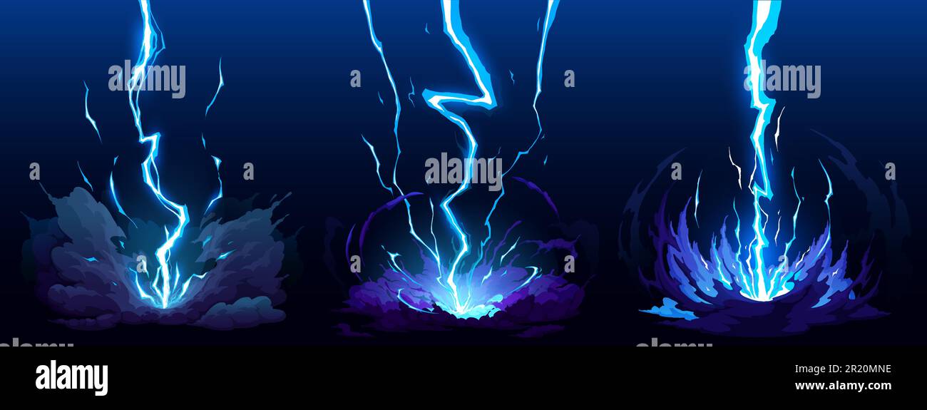Cartoon blue lightning thunder and storm thunderbolt strike, vector