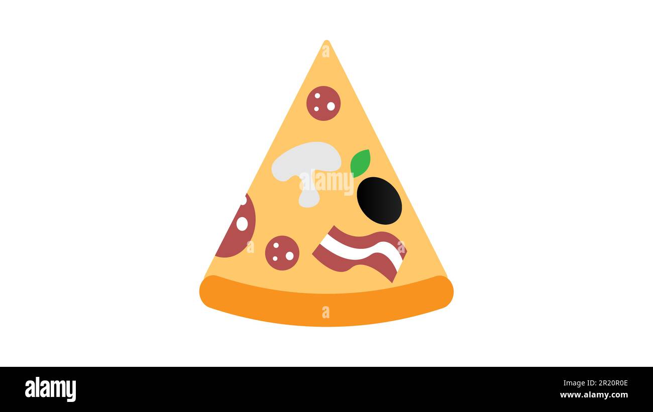 slice of pizza on a white background, vector illustration. a triangular slice of pizza stuffed with mushrooms, bacon, olives and salami. high-calorie, Stock Vector