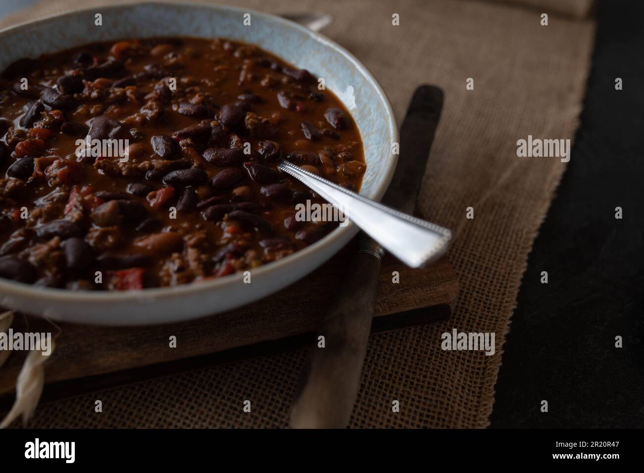 Kidney bean stew with ground beef, baked, beans, bell peppers, onions