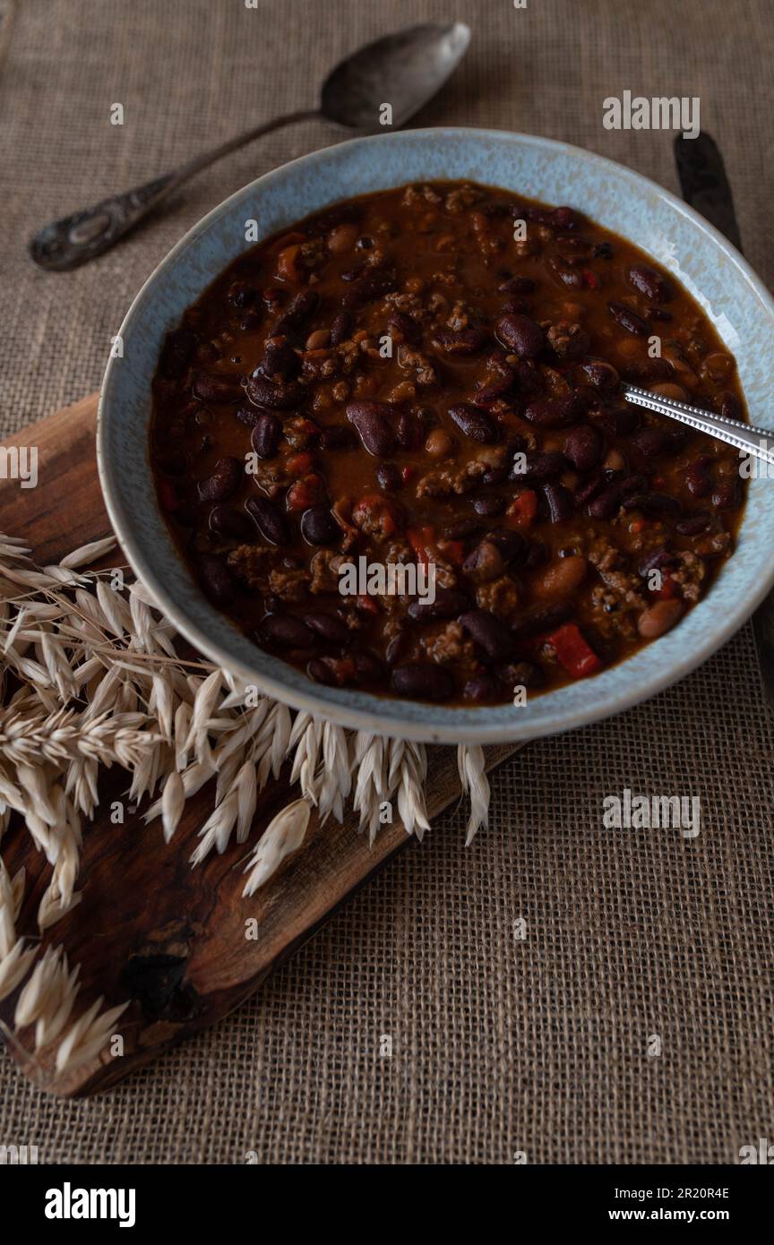 Kidney bean stew with ground beef, baked, beans, bell peppers, onions