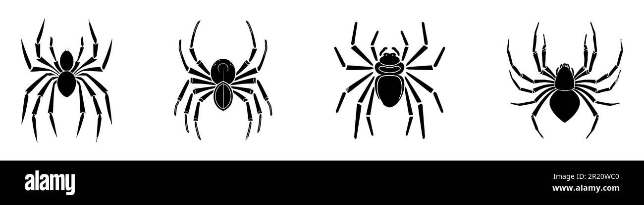 Set of black silhouette spider icon isolated on white background. Top ...