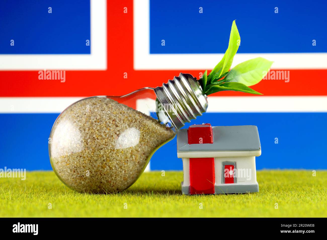 Plant growing inside the light bulb, miniature house on the grass and