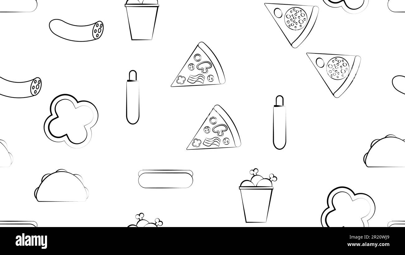 Black and white endless seamless pattern of food and snack items icons set for restaurant bar cafe: pizza, hot dog, burrito, sausage, chicken. The bac Stock Vector