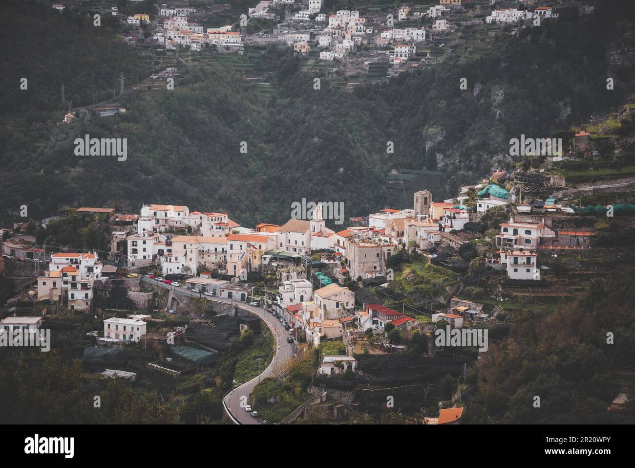 Small town in mountains seen from Ravello on Amalfi coast, Italy Stock ...