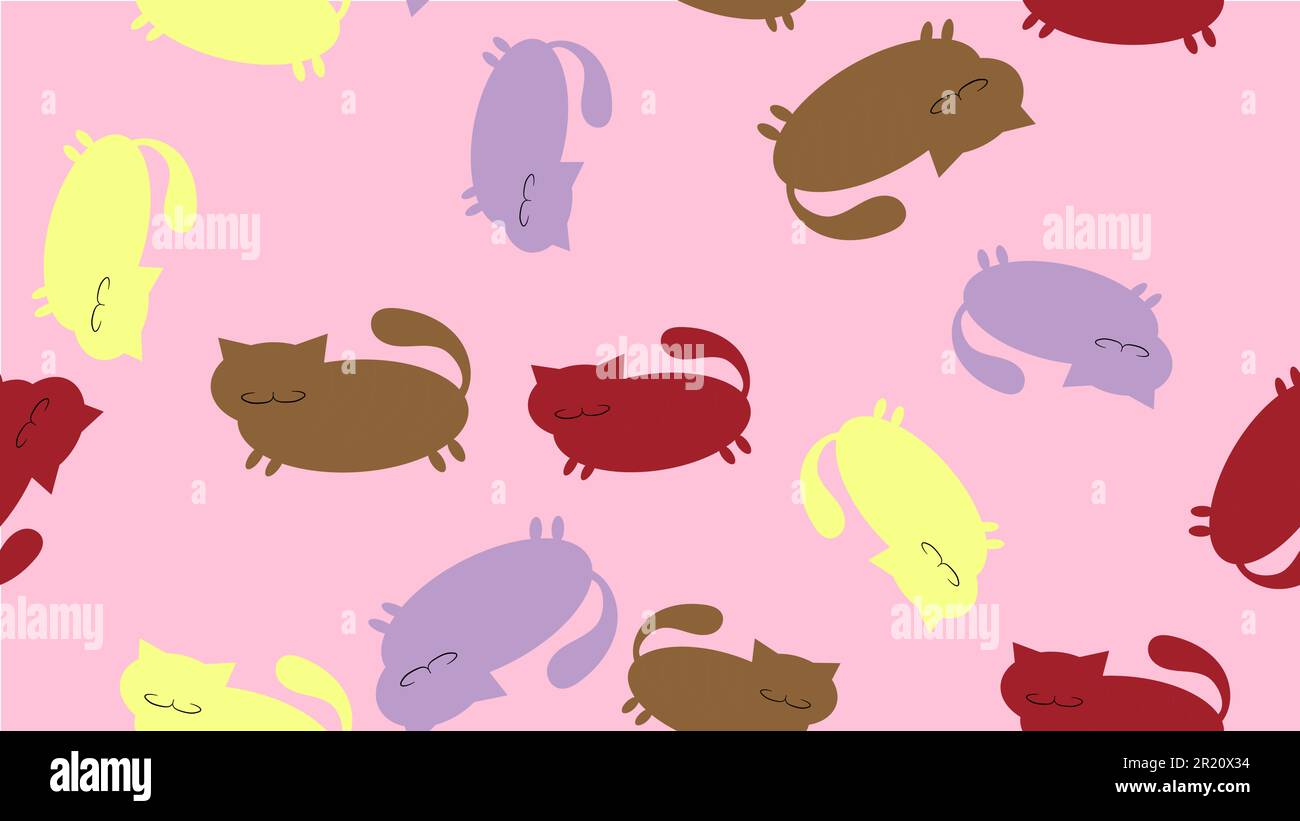 The texture is a patternless pattern with lots of multicolored silhouettes of abstract thick good kind cats with mustaches, short paws, ears and a tai Stock Vector
