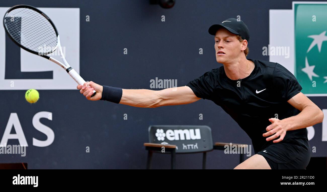 May 16, 2023, ROME Jannik Sinner of Italy in action during his mens singles fourth round match against Francisco Cerundolo of Argentina (not pictured) at the Italian Open tennis tournament in Rome,
