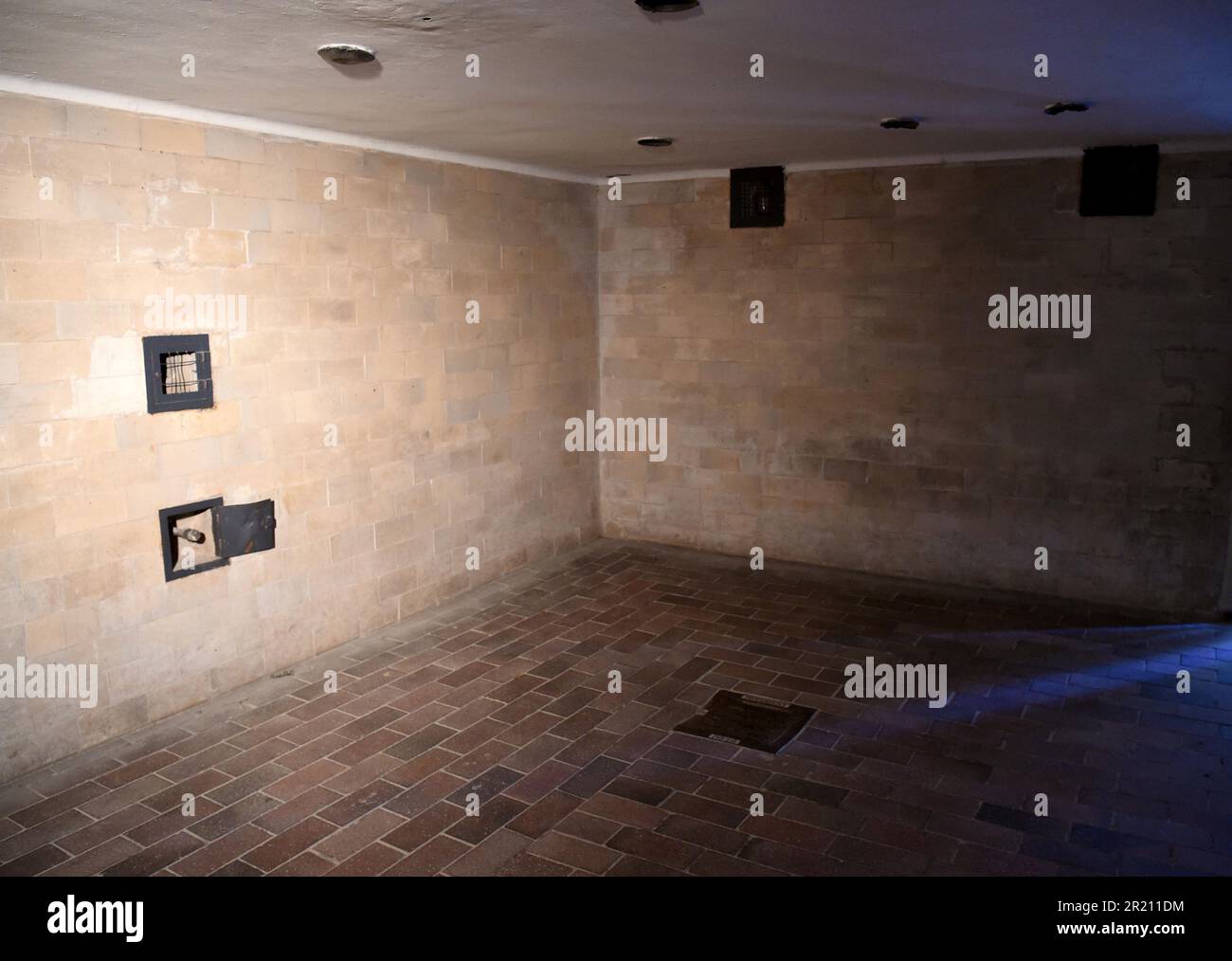 Photograph taken within the gas chamber at Dachau concentration camp ...