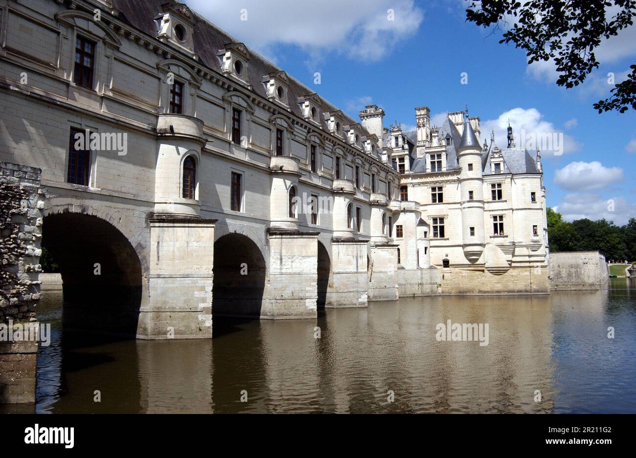 Photograph showing the exterior of Chateau de Chenonceau, a French chateau spanning the River Cher. Stock Photo