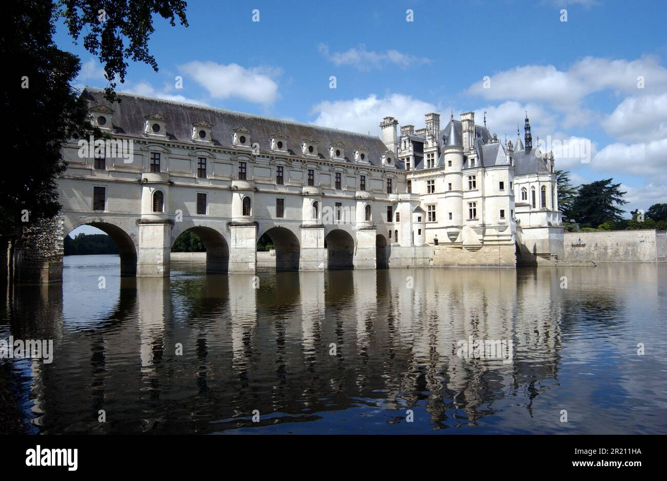 Photograph showing the exterior of Chateau de Chenonceau, a French chateau spanning the River Cher. Stock Photo