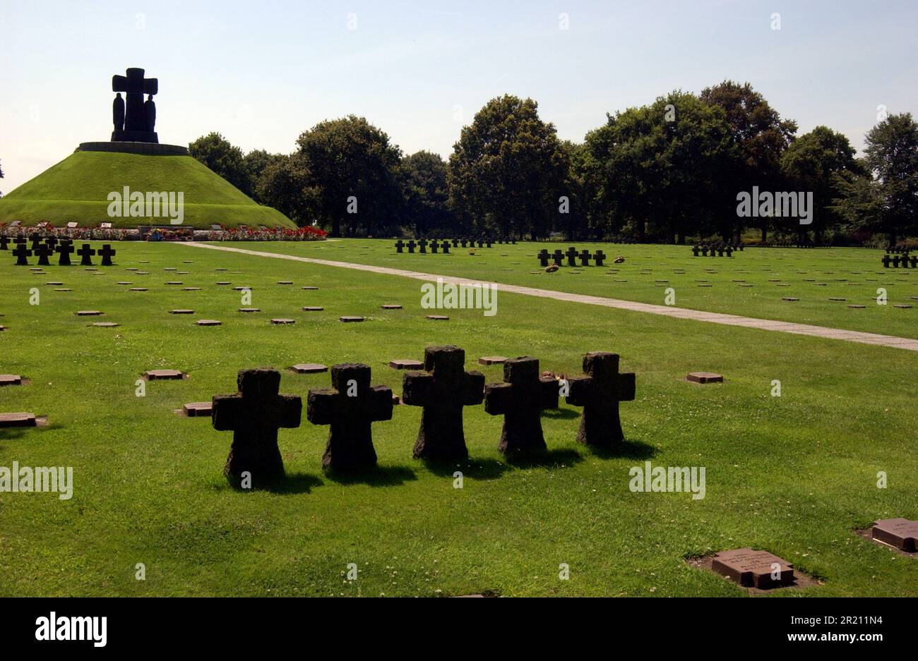 Photograph taken at a World War Two cemetery near Cambe, Calvados, Normandy, France. The cemetery is the largest German war cemetery in Normandy and contains over 21,200 German military personnel. Stock Photo