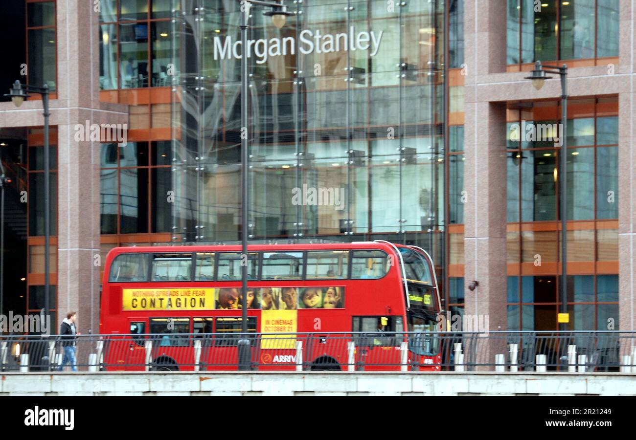 Photograph of a London bus advertising the film Contagion. Its plot focused on the spread of a virus and attempts by medical researchers and public health officials to identify and contain the disease, the loss of social order in a pandemic, and finally the introduction of a vaccine to halt its spread. The film has been described as closely resembling the spread of the coronavirus COVID-19 which began in China and fanned out across the globe in 2020. Stock Photo